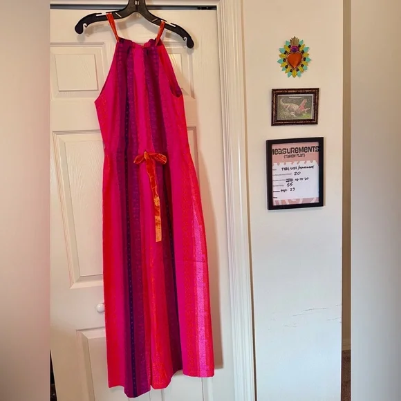 Vintage 1960s Handmade Maxi Dress Neon Pink Hot Tie Closure Stripes Hawaiin OS - Picture 2 of 9